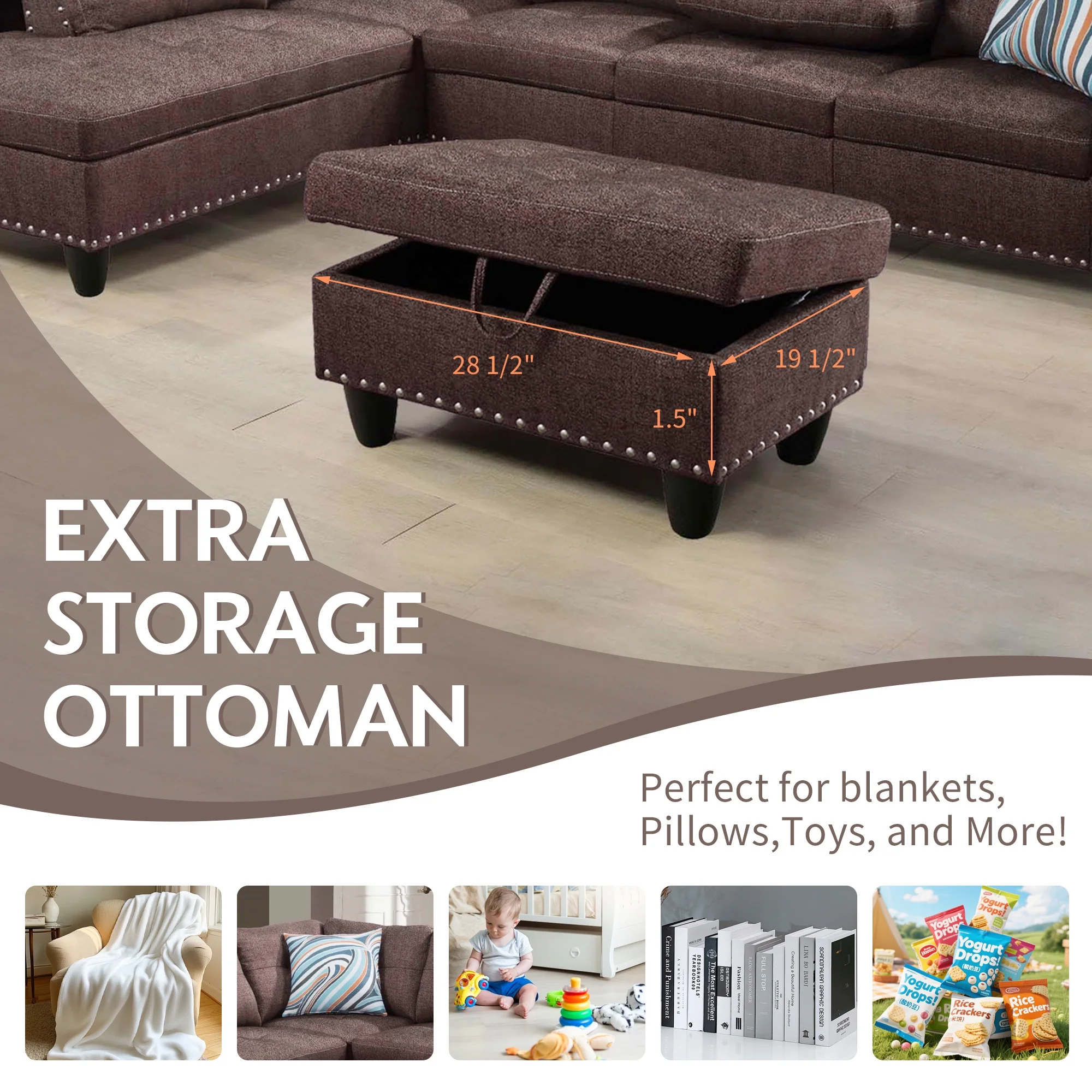 Aukfa 3 Piece Sectional Sofa, Living Room Couch with Storage Ottoman&Cup Holder, Linen, Left Hand, Black Gray