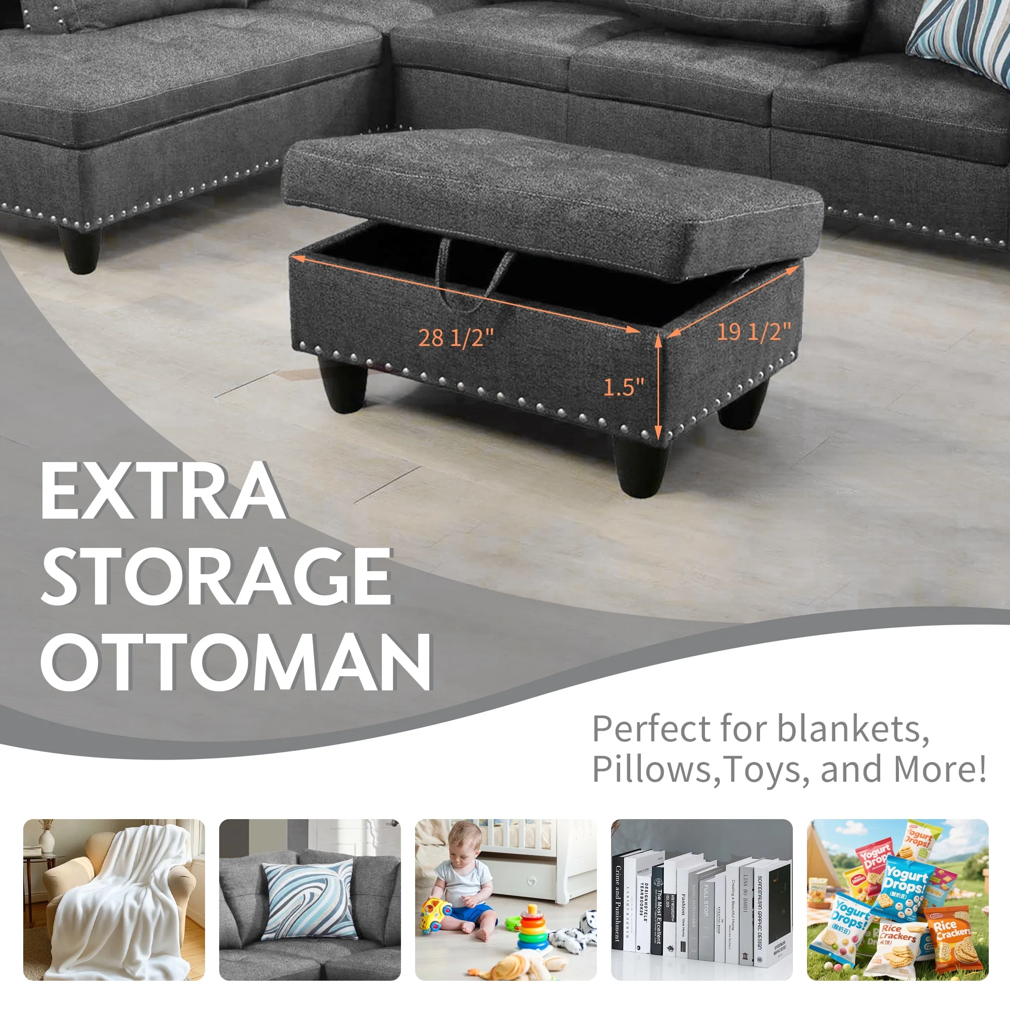 Aukfa 3 Piece Sectional Sofa, Living Room Couch with Storage Ottoman&Cup Holder, Linen, Left Hand, Black Gray