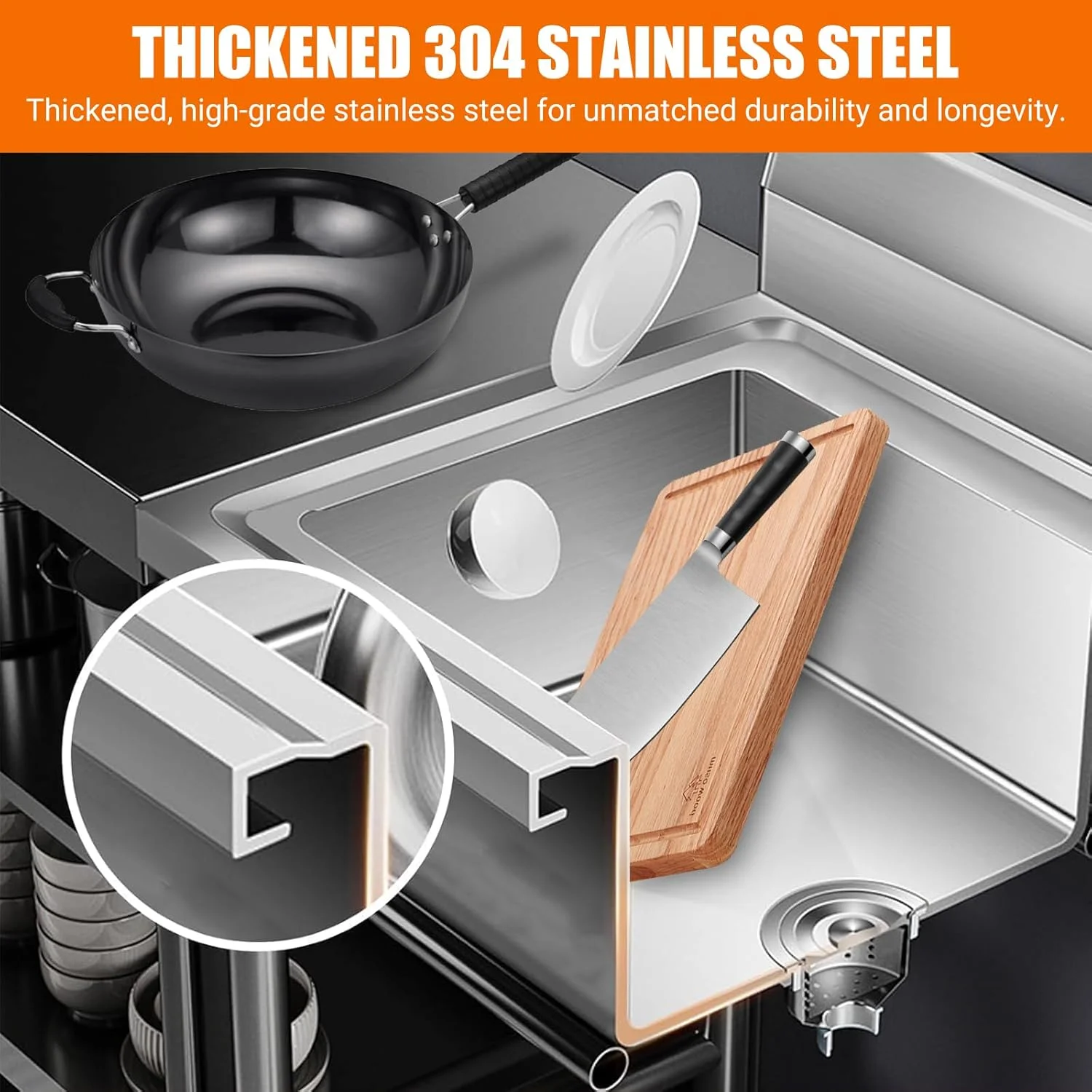 Free Standing Stainless-Steel Sink，Outdoor Kitchen Commercial Utility Sink Single Bowl Kitchen Sink,Portable Laundry Sink With Hot and Cold Water for Restaurant Indoor&Outdoor 20 * 20 * 31.5inch