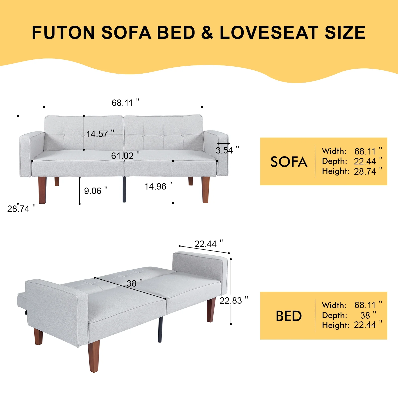 Sofa Bed, Convertible Memory Foam Futon Couch, Adjustable Sleeper Sofa Bed for Living Room, Gray