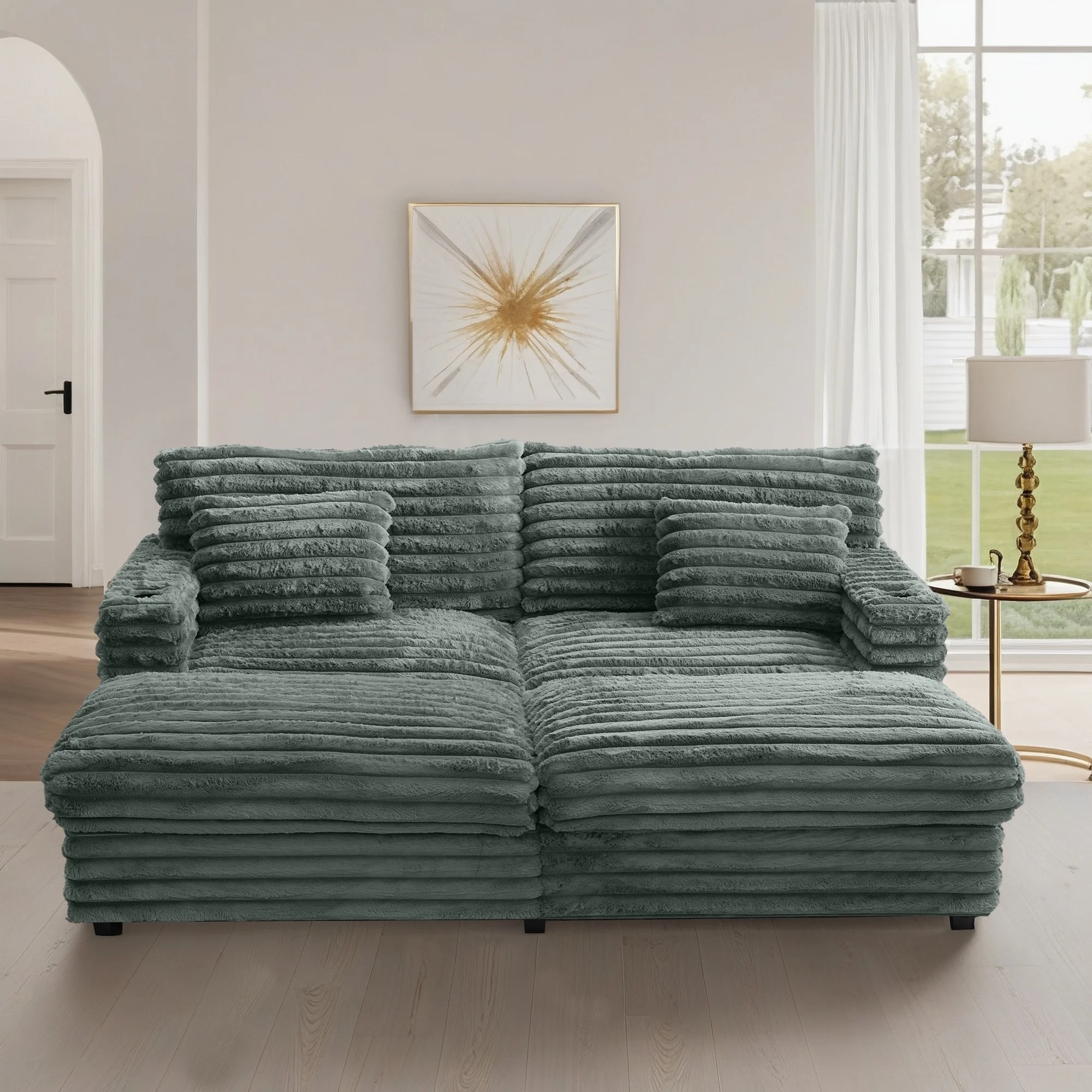 Oversized Double Chaise Lounge, Faux Fur Upholstered Deep Seat Sofa with 2 Pillows, 2 Cupholders, and Dual USB Ports