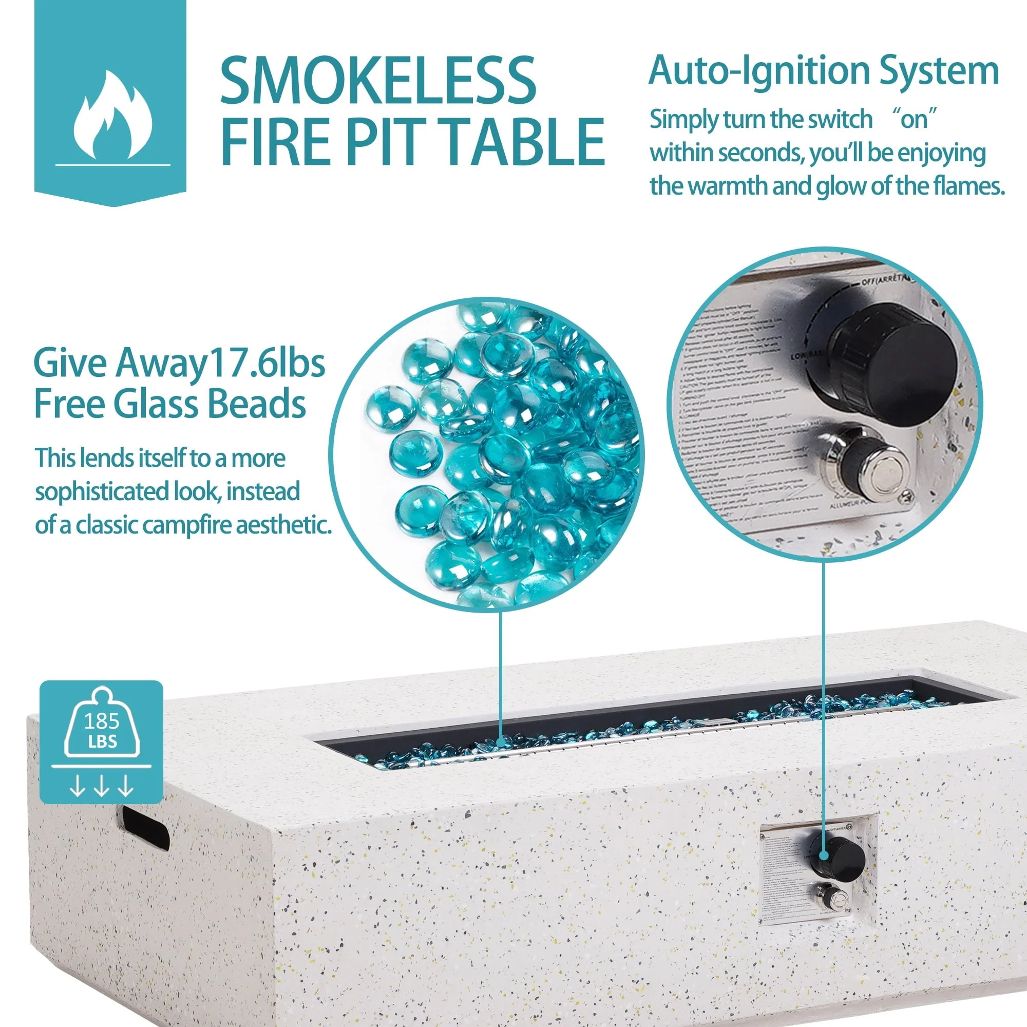 ESSENTIAL LOUNGER 56 inch Concrete Propane Fire Pit Table, 50,000 BTU Outdoor Firepit Rectangular Table for Garden＆Patio, with Propane Tank Metal Stand, Fire Glass Beads and Waterproof Cover, White