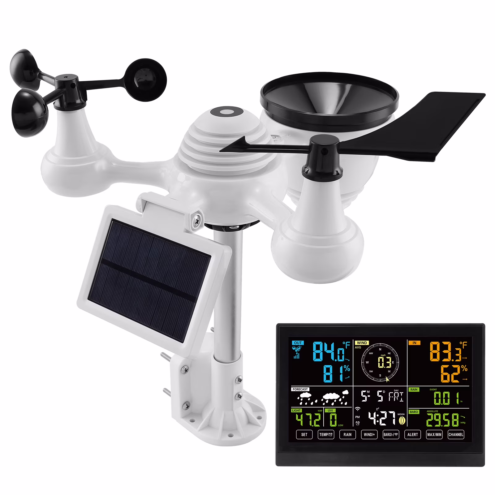 KFFKFF 7-in-1 Wi-Fi Weather Station 7.5-Inch Color Display Wireless Outdoor Sensor