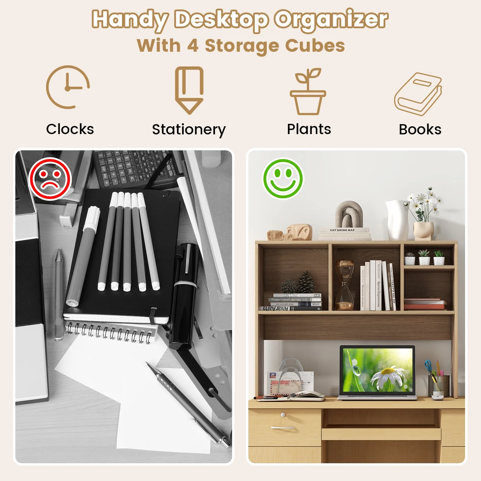 Giantex Desk Hutch, 2-Tier Desktop Organizer Shelf for Computer Desk, Wide Wooden Table Top Bookshelf, Countertop Storage Rack, White