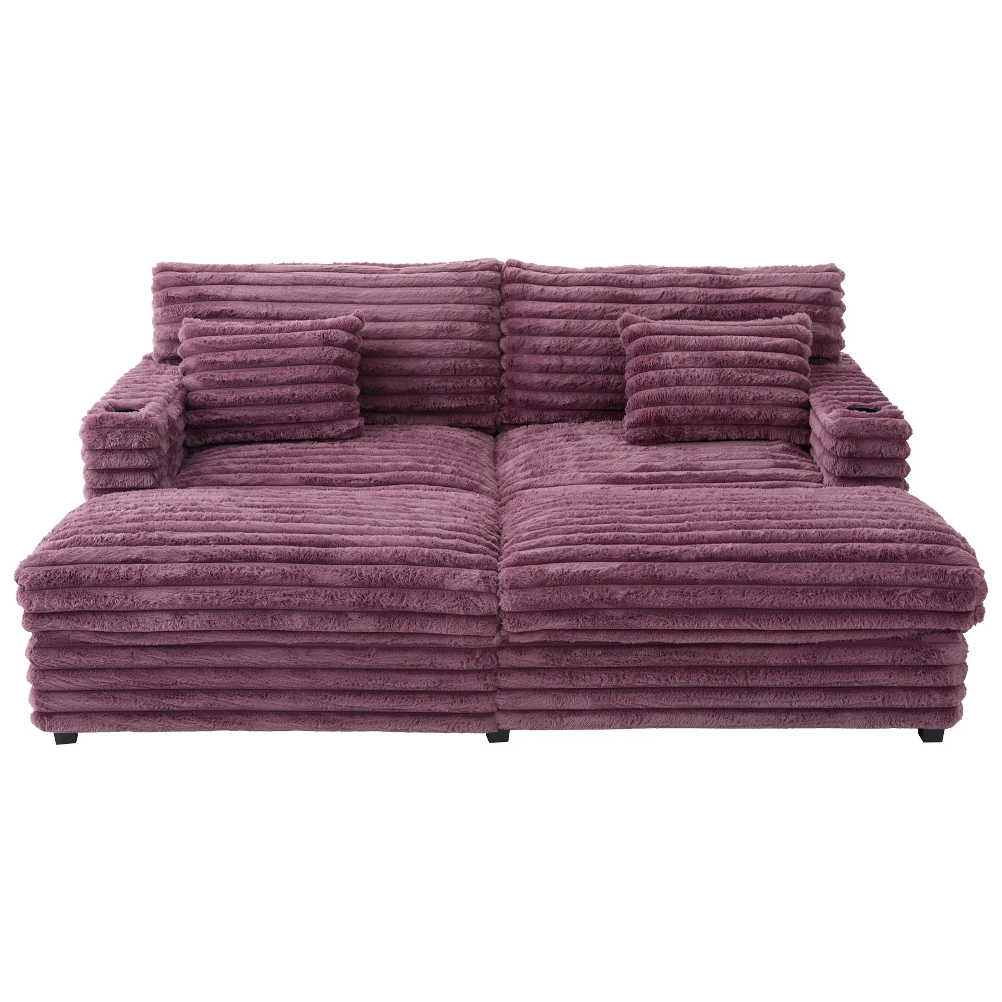 Oversized Double Chaise Lounge, Faux Fur Upholstered Deep Seat Sofa with 2 Pillows, 2 Cupholders, and Dual USB Ports