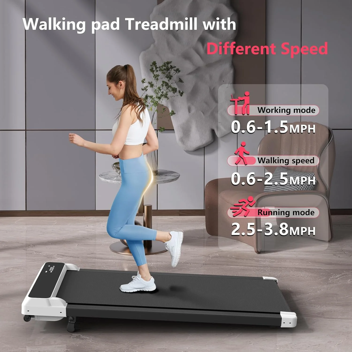 JURITS Walking Pad 2 in 1 for Walking and Jogging, Under Desk Treadmill for Home Office with Remote Control, Portable Walking Pad Treadmill Under Desk, Desk Treadmill in LED Display,Black