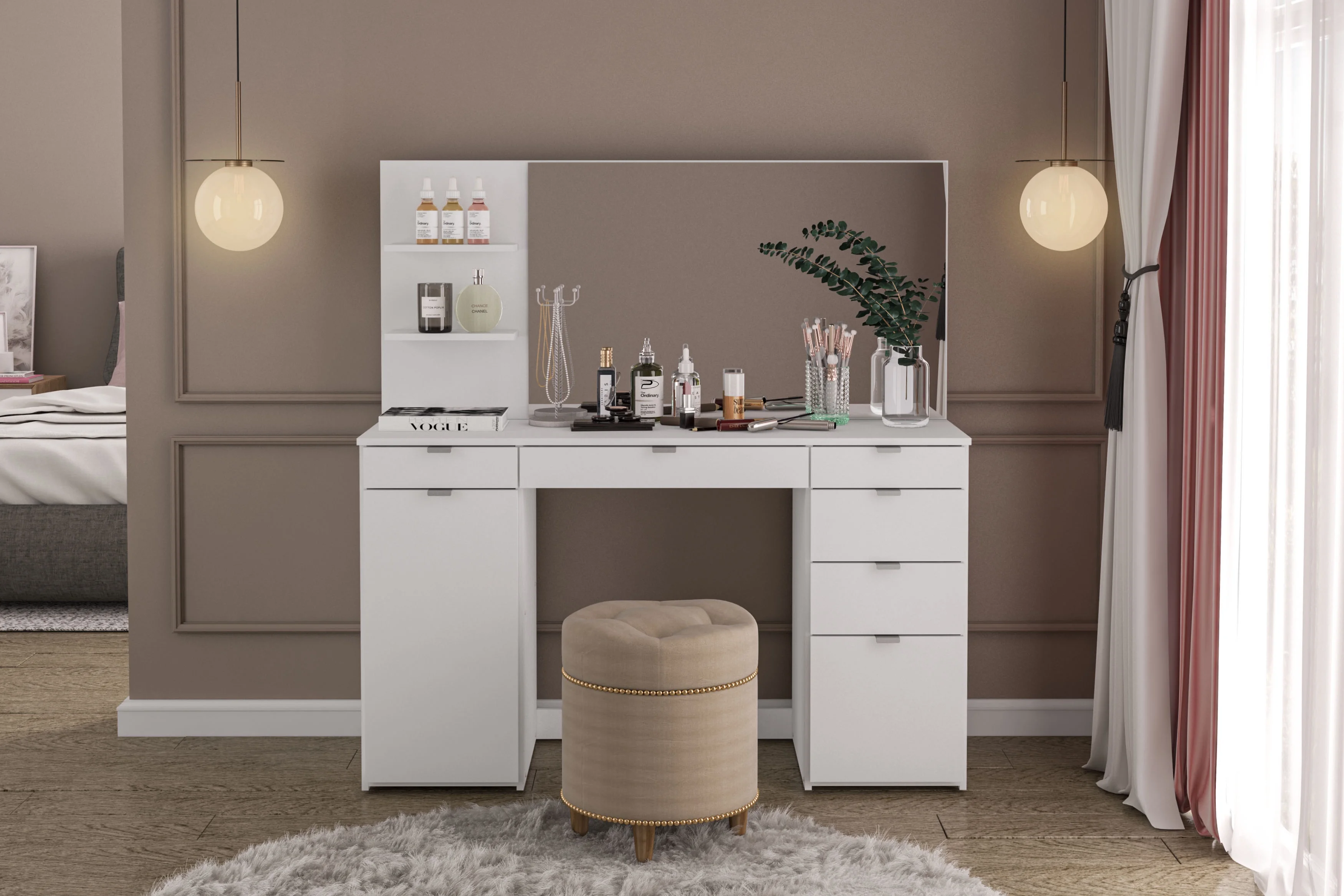 Polifurniture Amelia Modern Makeup Vanity Table with Mirror, White Finish