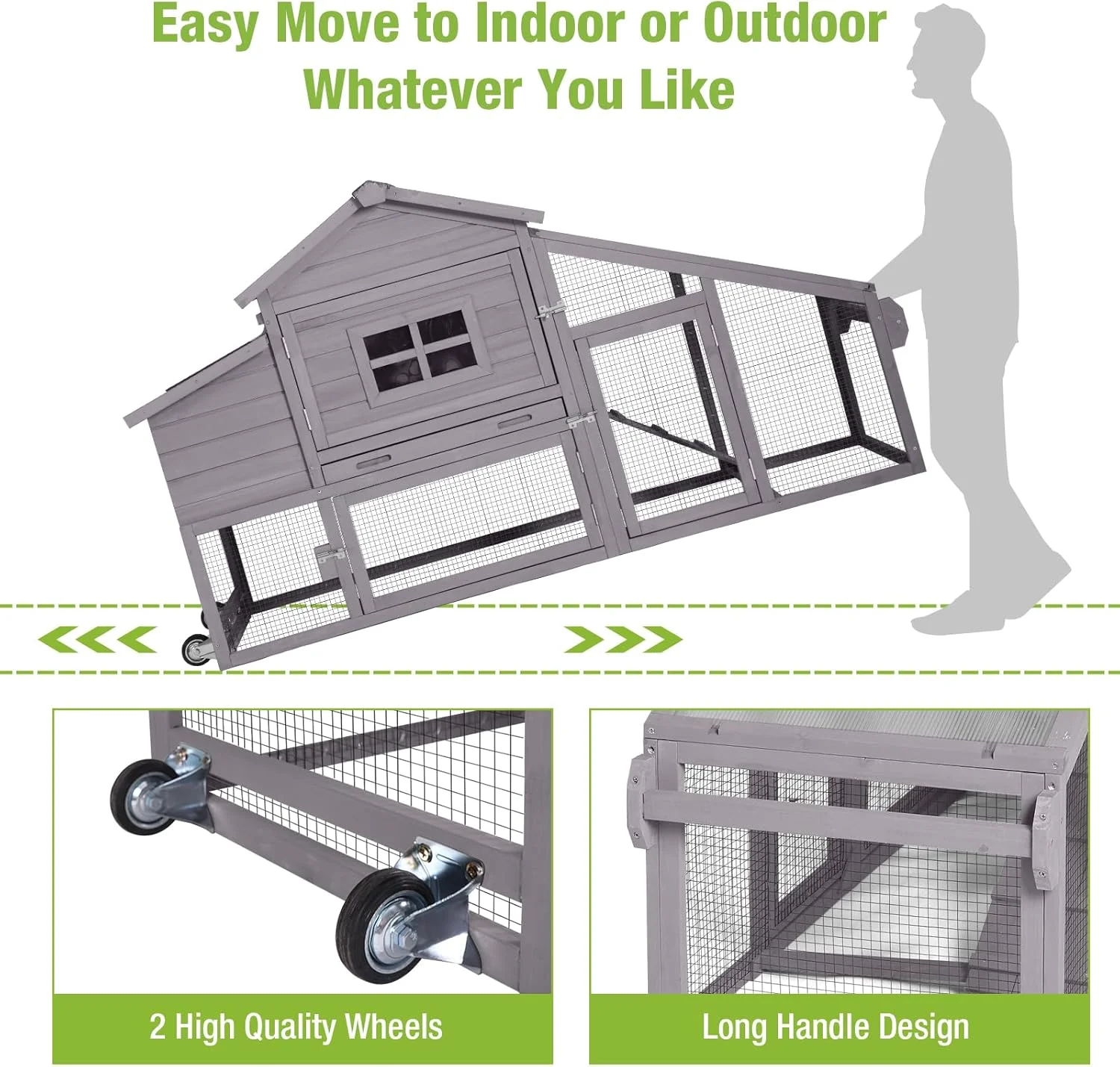 BUTINGLALE Chicken Coop Mobile Chicken House On Wheel Outdoor Rabbit Hutch for 2-4 Chickens 67