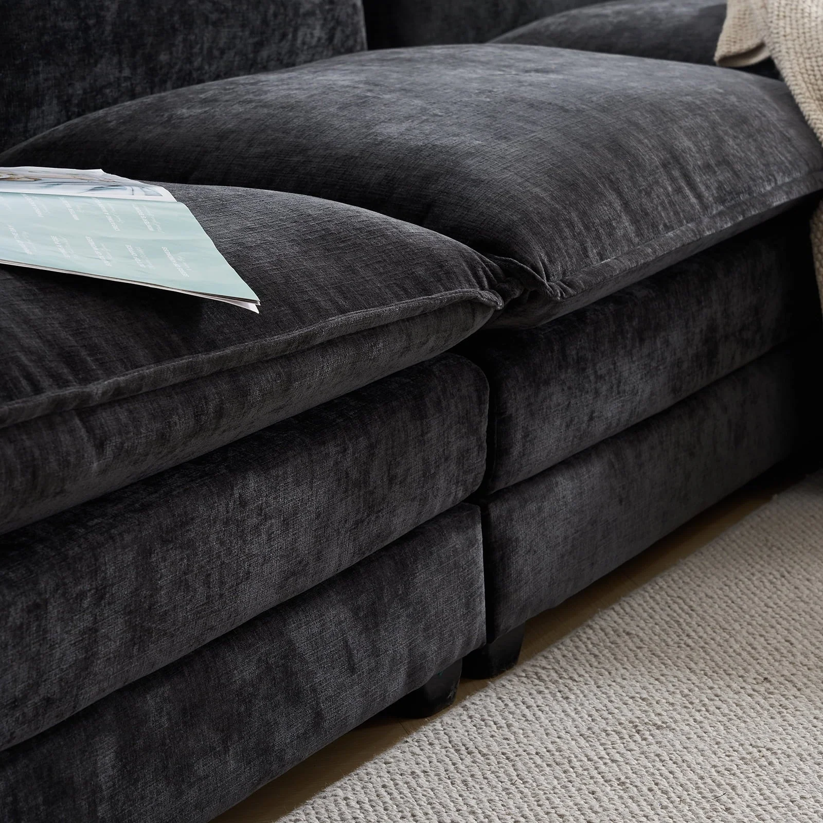 Zimtown Sectional Sofa with Ottoman, L Shaped Convertible Couch with Removable Chaise Chenille Fabric Sofa Set for 4-6 Persons Living Room Furniture Dark Grey