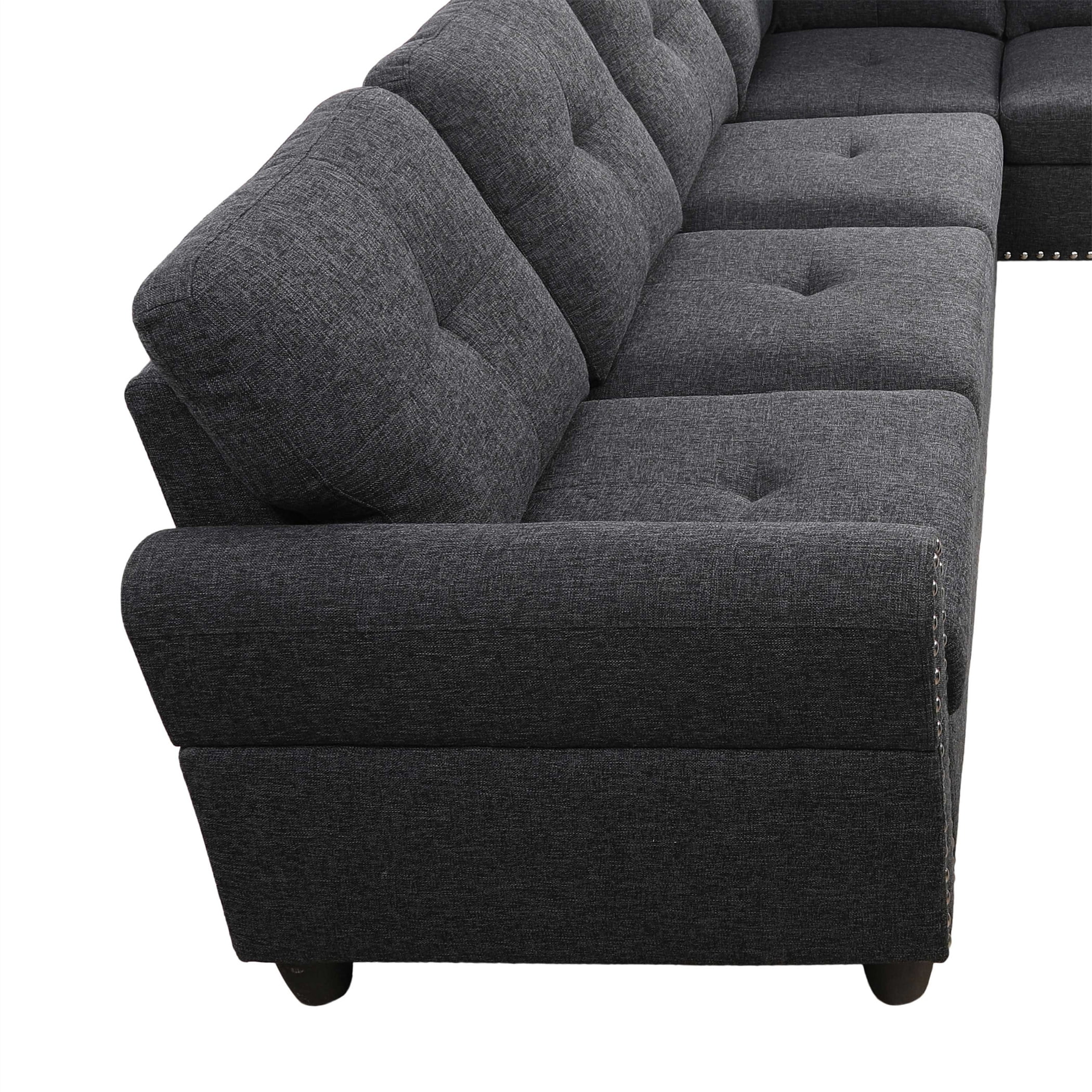 Aukfa 3 Piece Sectional Sofa, Living Room Couch with Storage Ottoman&Cup Holder, Linen, Left Hand, Black Gray