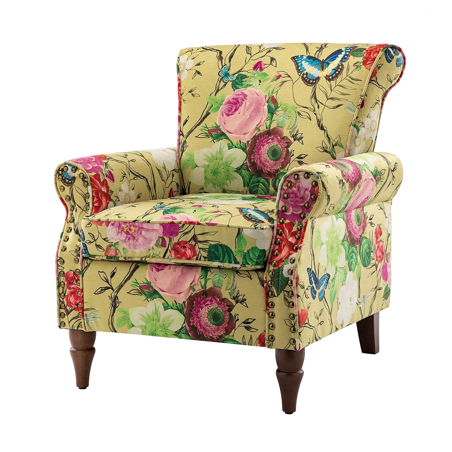 14 Karat Home Wingback Accent Chair Removable Cushion Floral Upholstered Sofa Armchair Couch Wood Legs Nailhead Trim Mustard
