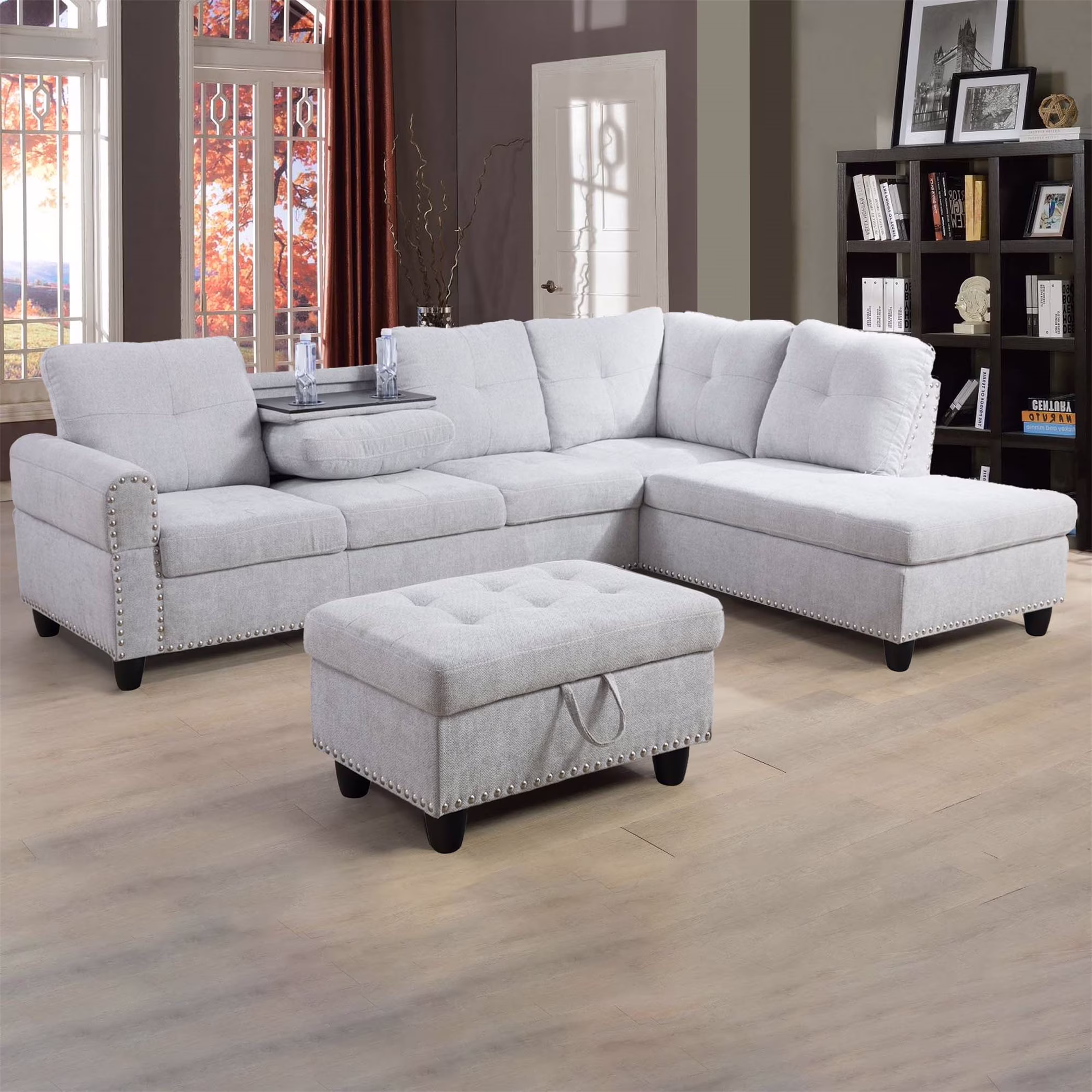 Aukfa 3 Piece Sectional Sofa, Living Room Couch with Storage Ottoman&Cup Holder, Linen, Left Hand, Black Gray