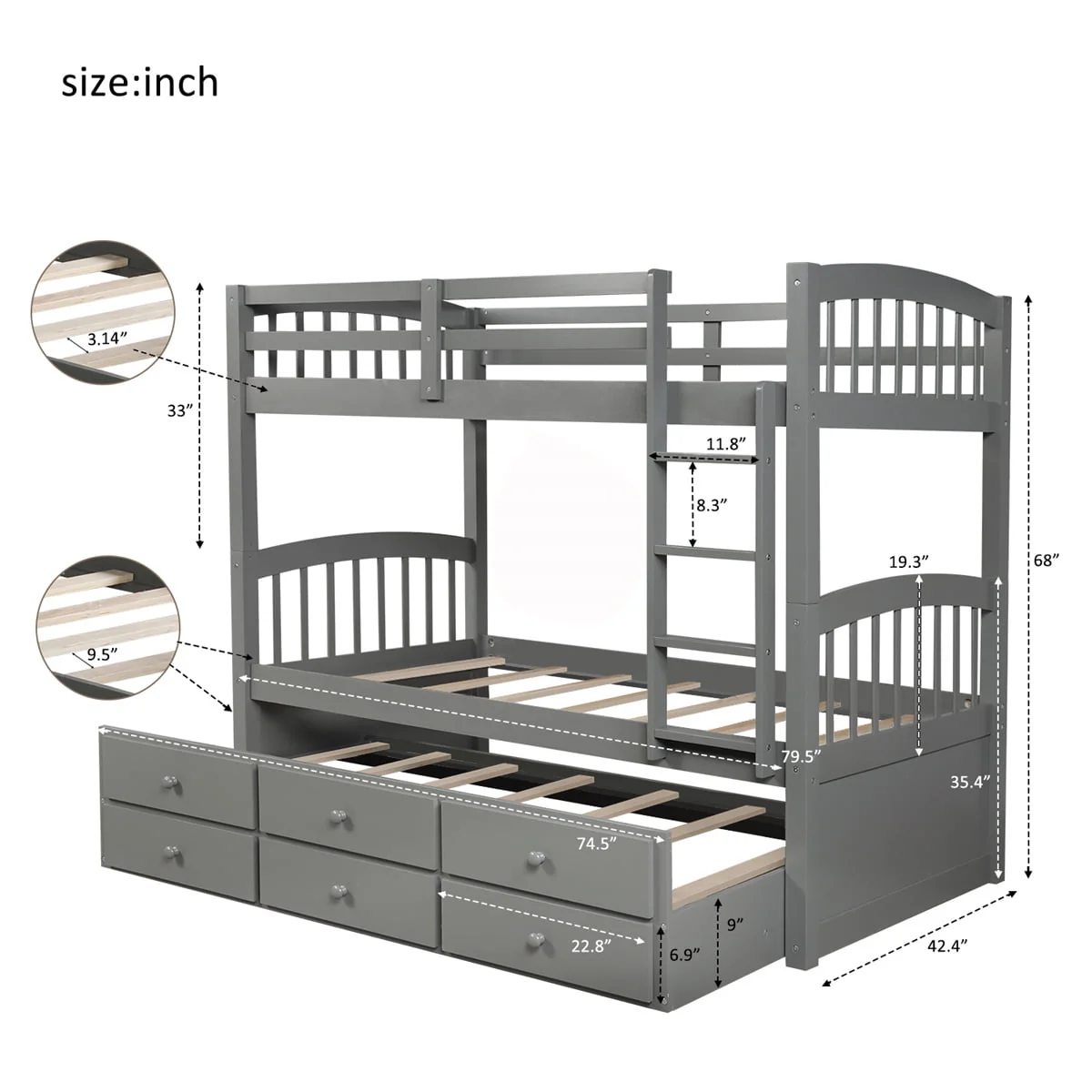 Twin-Over-Twin Bunk Bed with 3 Storage Drawers, Twin Bunk Bed Frame with Ladder & Safety Rail, Pinewood Trundle Bunk Bed for Teen Bedroom, Guest Room Furniture, Can be Convertible to 2 Beds, Gray