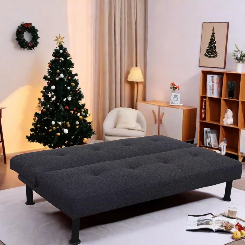 Couches for Living Room Upholstered Convertible Folding Futon Sofa Bed Modern Small Faux Leather Sleeper Sofa Love Seat for Bedroom, Apartment, Black