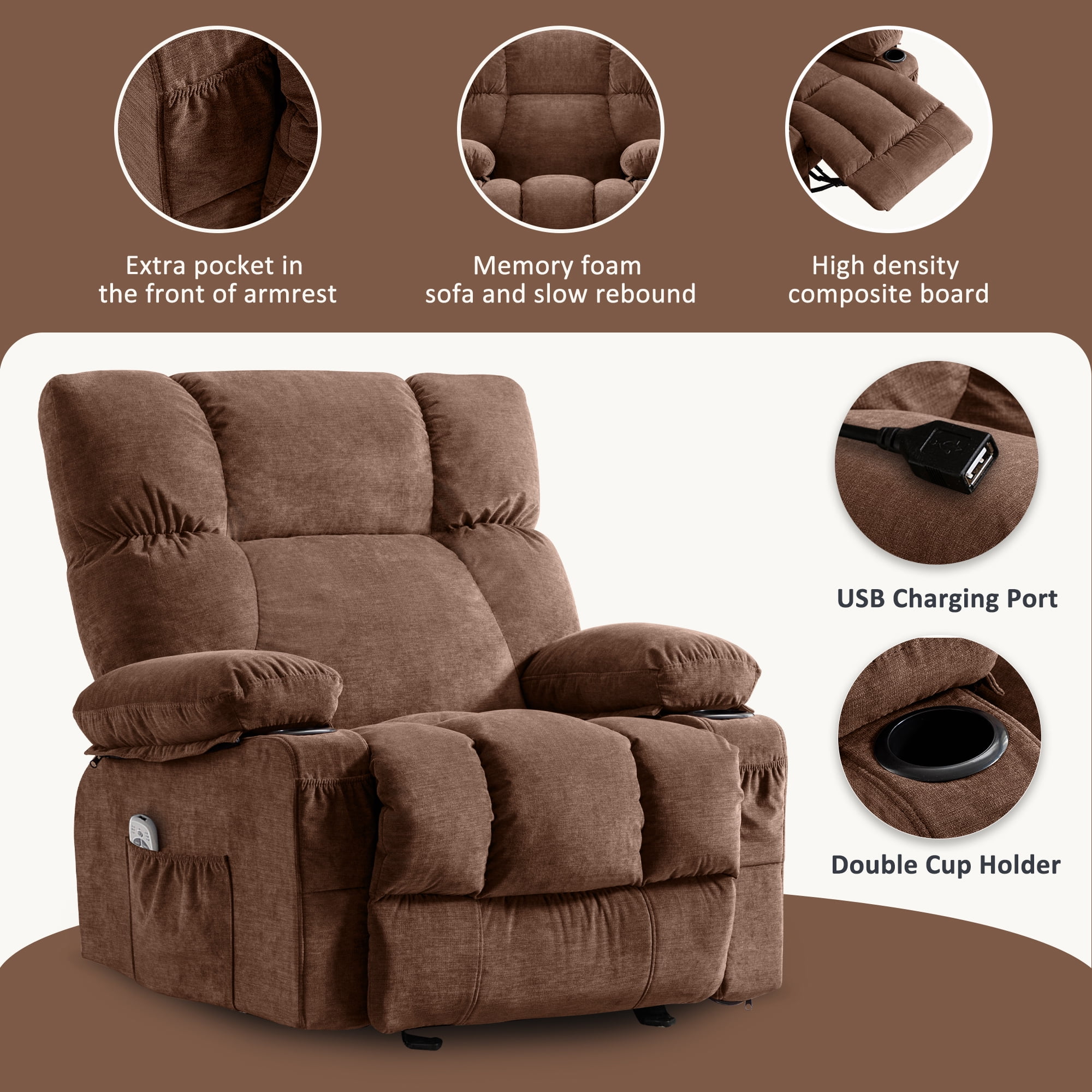 JONPONY Manual Recliner Chair with Heat Therapy and Massage Function, Heavy Duty Reclining Mechanism Massage Chair, Elderly Single Rocker Sofa with Cup Holders for Bedroom Home Theater,Grey