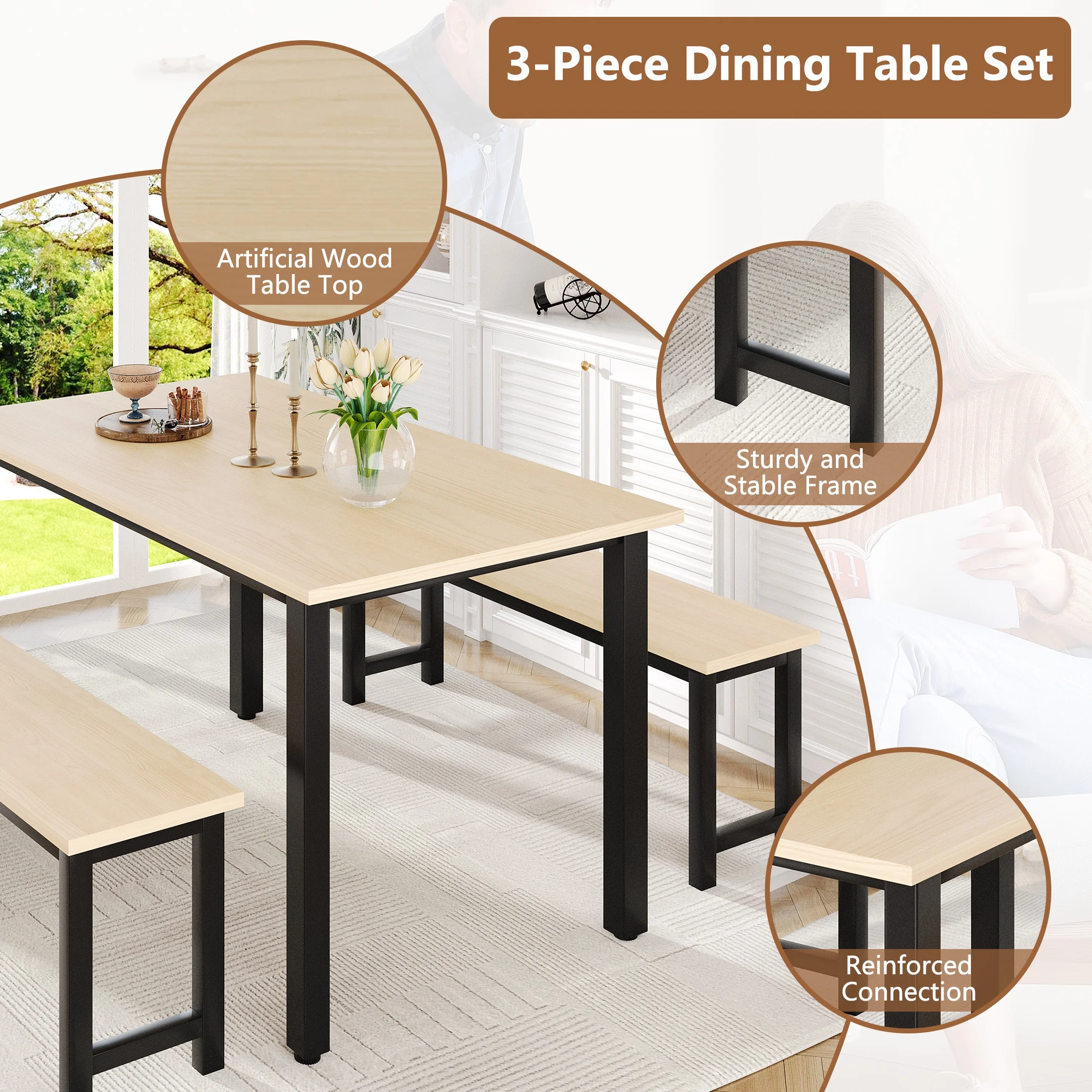 UHOMEPRO Dining Room Table Set, 3-Piece Dining Table Set with 2 Benches, Kitchen Table Set for 4 with Metal Frame, Modern Dining Room Set Furniture Set for Bar Dining Room Breakfast Nook, Black