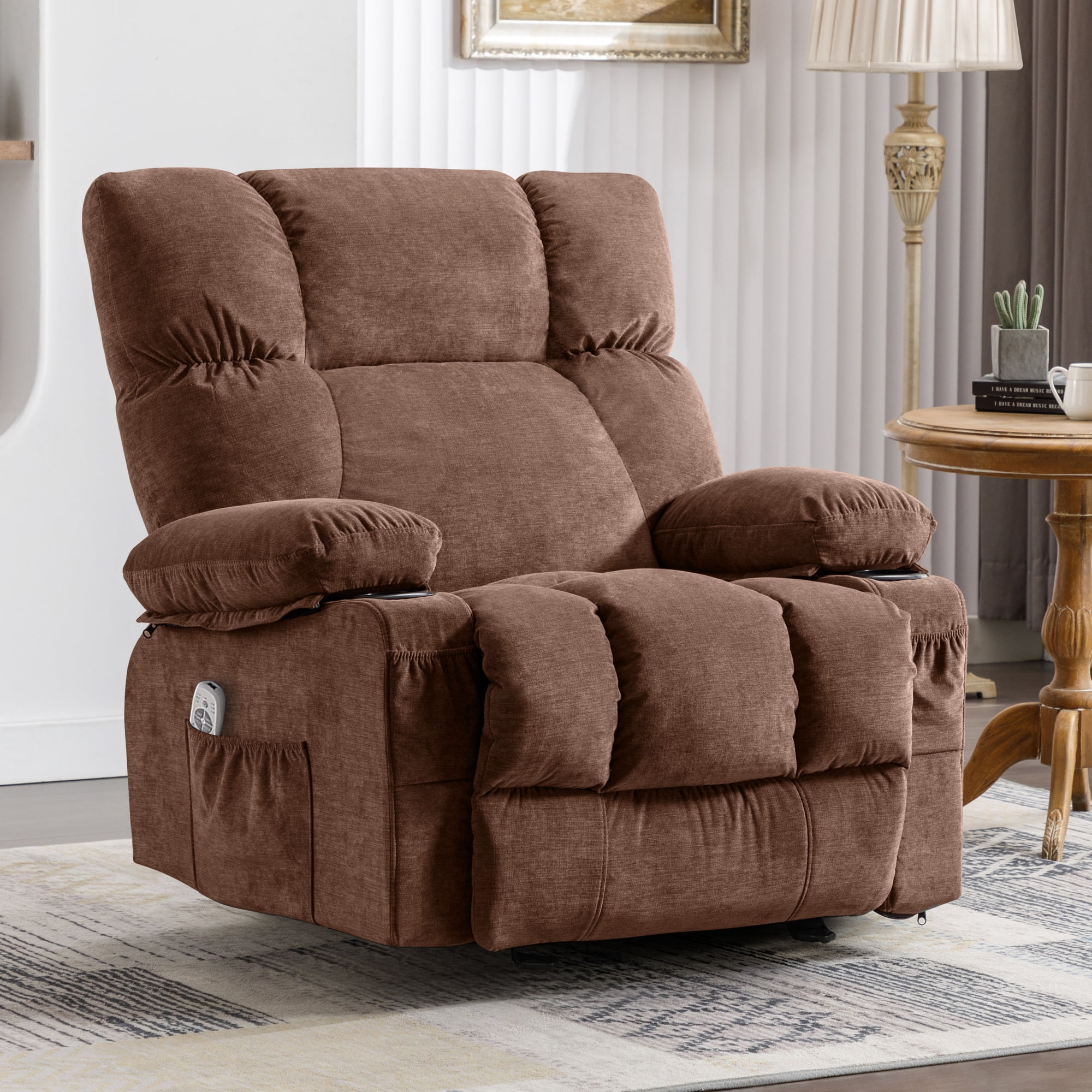 JONPONY Manual Recliner Chair with Heat Therapy and Massage Function, Heavy Duty Reclining Mechanism Massage Chair, Elderly Single Rocker Sofa with Cup Holders for Bedroom Home Theater,Grey