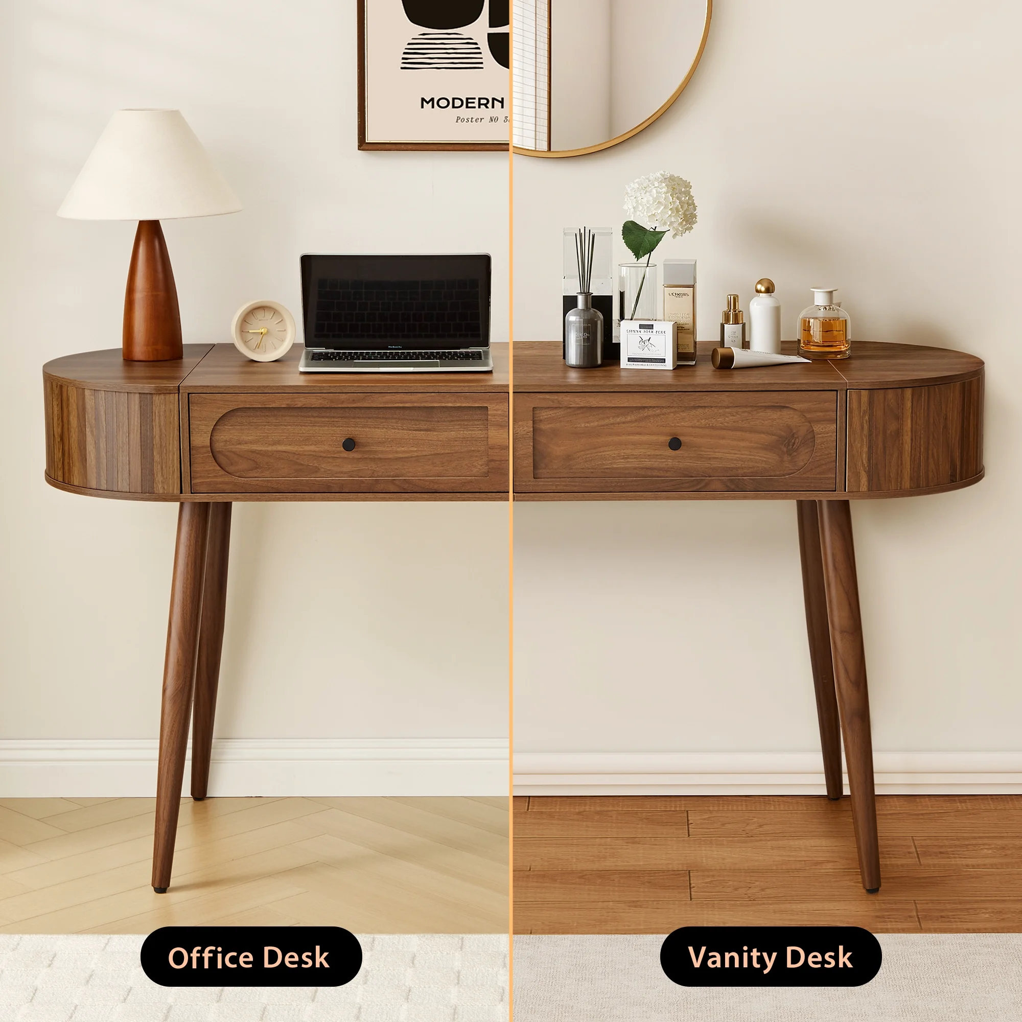YOCWO Modern Home Office Desk with  2 Drawers and 2 Fflip-top Storage, Oval Computer PC Desk Table, Vanity Desk with Fluted Curved Table Edge, Walnut